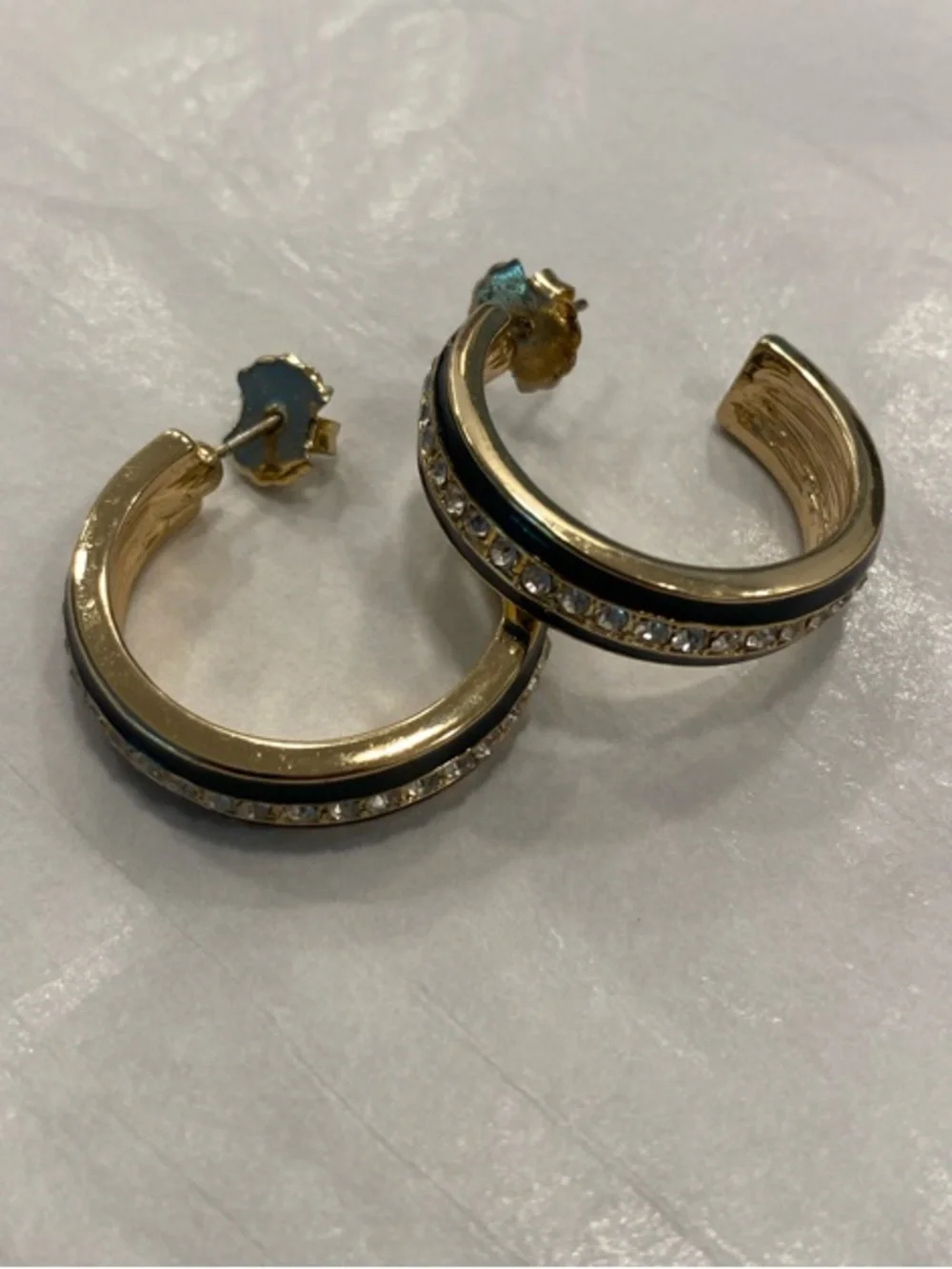 Gold Navy Enamel Rhinestone Hoop Earrings Medium - Picture 5 of 12